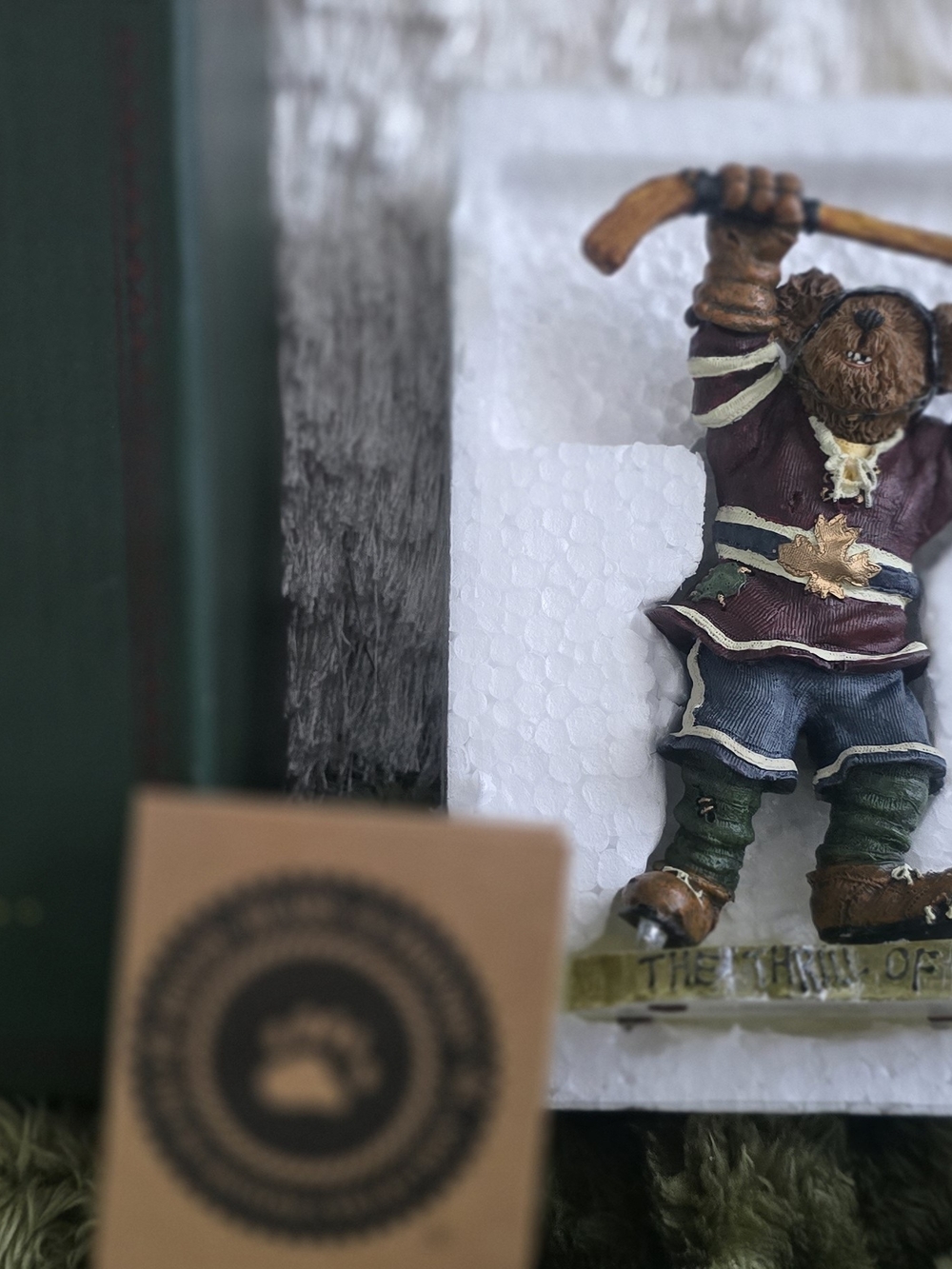 Bear Figurine Hockey Player in Burgundy and Green